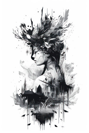 Beautiful girl with a wreath of flowers on her head.の素材
