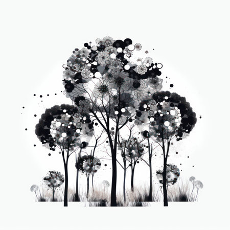 Trees in black and white with dandelions. vector illustration.の素材