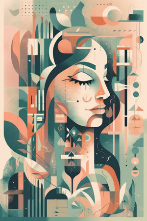 Abstract vector illustration of a woman's face surrounded by geometric elements.の素材