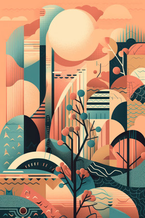 Abstract urban landscape with trees and sun. Vector illustration in retro style.の素材