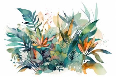 Watercolor floral background with tropical plants and birds. hand drawn illustrationの素材