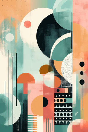 Abstract geometric background with circles, lines, spots and scribbles.の素材