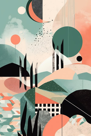 Abstract composition with geometric shapes and hand drawn textures. vector illustration.の素材