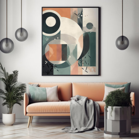Interior of modern living room with orange sofa, plants and poster. 3d renderingの素材