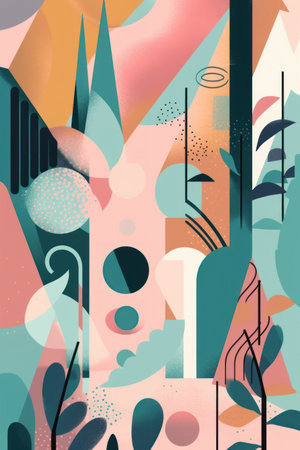 Abstract background with geometric shapes, lines, spots and leaves. vector illustration.の素材