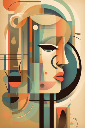 Abstract color composition with woman face and abstract geometric shapes. vector illustration.の素材
