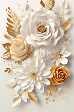3d render, white and gold flowers, golden leaves, floral design elementsの素材