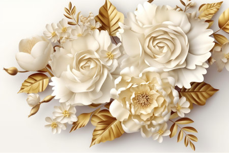 3d render of white and gold flowers with golden leaves on white backgroundの素材