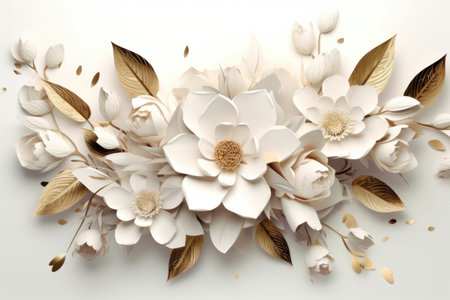 3d rendering of white paper flowers with golden leaves on white backgroundの素材