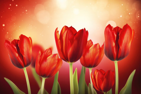 Red tulips on bokeh background with copyspace.の素材