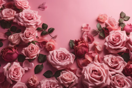 Beautiful pink roses on pink background. Flat lay, top viewの素材