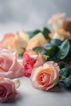 Beautiful roses on a white background. Close-up, selective focus.の素材