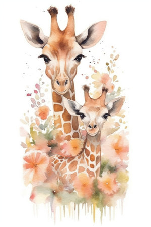 Watercolor illustration of a giraffe and baby on a white backgroundの素材