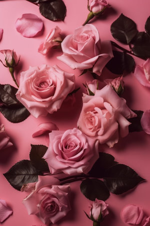 Pink roses on pink background. Flat lay, top view, copy spaceの素材