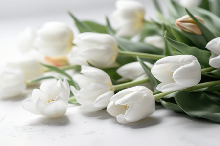Bouquet of white tulips on light background, closeupの素材