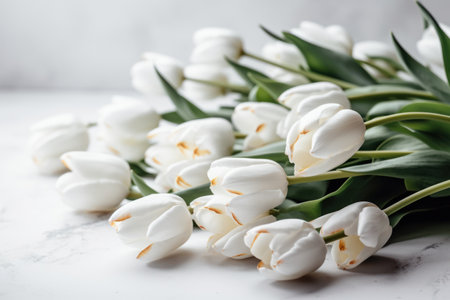 Bouquet of white tulips on a white marble background.の素材