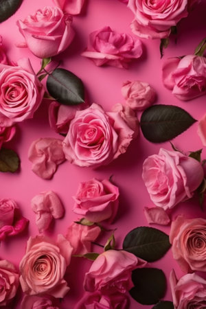Beautiful pink roses on pink background. Flat lay, top viewの素材