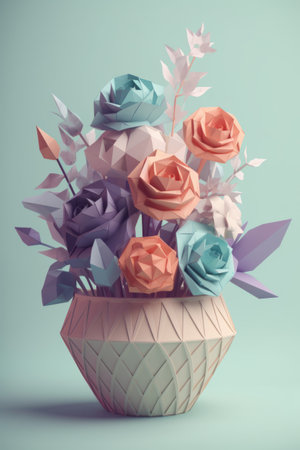 Colorful origami roses in vase on blue background, retro tonedの素材