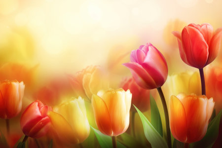 Tulip flowers background. Colorful tulips on bokeh backgroundの素材