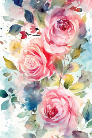 Seamless summer pattern with watercolor roses handmade on white backgroundの素材