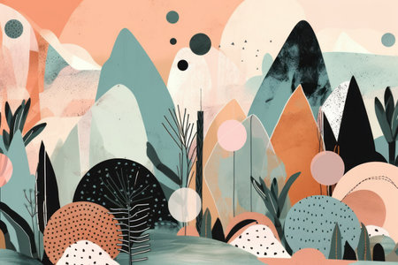 Hand drawn abstract landscape with trees, plants and mountains. Scandinavian style.の素材