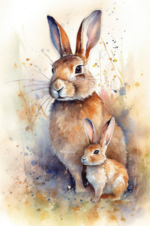 Watercolor painting of two rabbits on white background. watercolor illustration.の素材