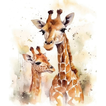 Watercolor illustration of a pair of giraffes on a white backgroundの素材