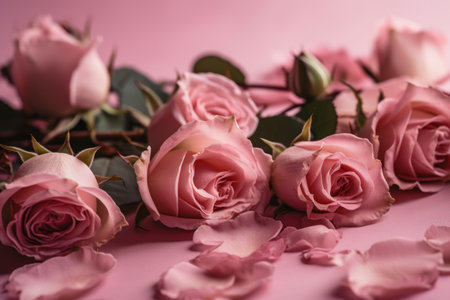 Beautiful pink roses on pink background, valentines day conceptの素材