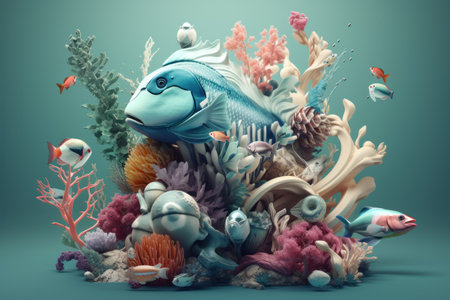 Underwater world with colorful fish and corals, 3d illustrationの素材