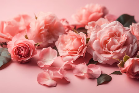 Beautiful pink roses on pink background, valentines day conceptの素材