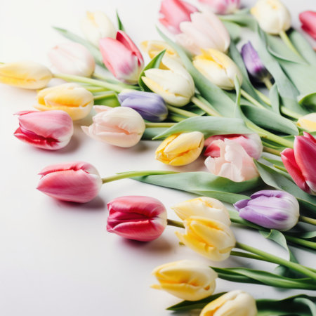 Colorful tulips bouquet on white background. Flat lay, top viewの素材
