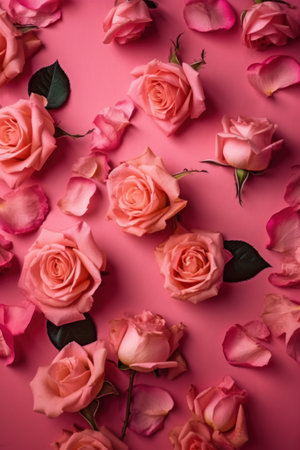 Pink roses on pink background. Flat lay, top view, copy spaceの素材