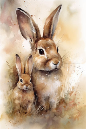 rabbit family. Watercolor painting on a white background.の素材