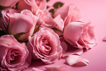 Beautiful pink roses on a pink background. valentines day backgroundの素材