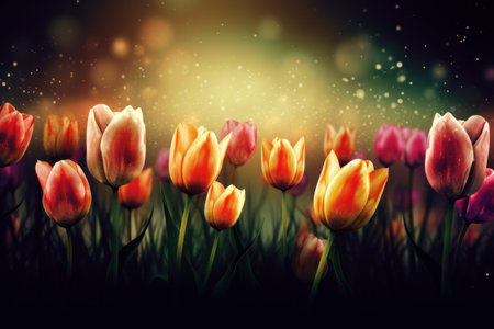 Colorful tulip flowers in the garden with bokeh backgroundの素材