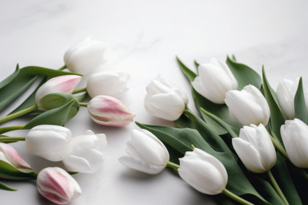 Bouquet of white and pink tulips on a white backgroundの素材