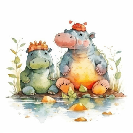watercolor hippo family. Hippopotamus and hippo in the water.の素材