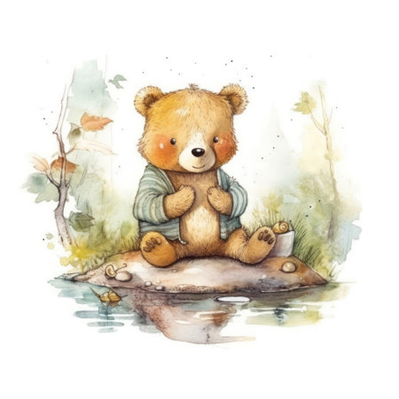 Cute teddy bear sitting on a log. watercolor illustration.の素材