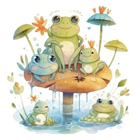 Frog family. Watercolor illustration of a family of frogs on a mushroom.の素材