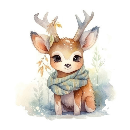 Cute little deer in a scarf. Watercolor hand drawn illustrationの素材