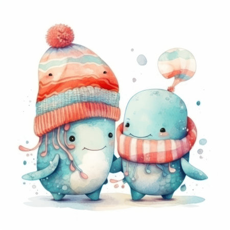 Cute cartoon octopus and whale in winter hats. watercolor illustrationの素材