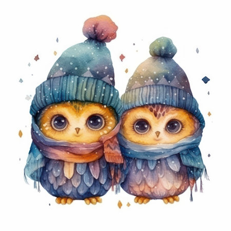 Watercolor illustration of two cute owls in hats and scarves.の素材