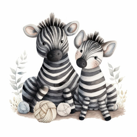 Watercolor illustration of two cute zebras in striped clothes with balls of yarn.の素材