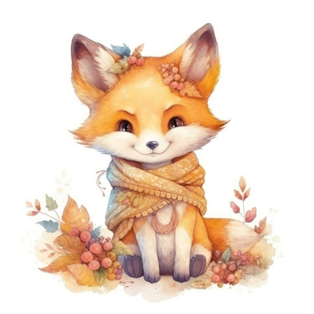 Cute fox with scarf and autumn leaves. watercolor illustration.の素材