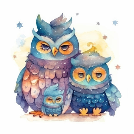 Watercolor illustration of a family of owls in the night sky.の素材