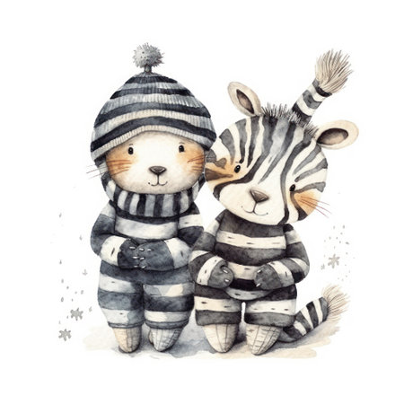 Watercolor hand drawn illustration of a couple of zebra cubs in winter clothes.の素材