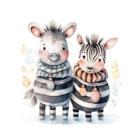 Watercolor illustration of two cute zebra in winter clothes on a white backgroundの素材