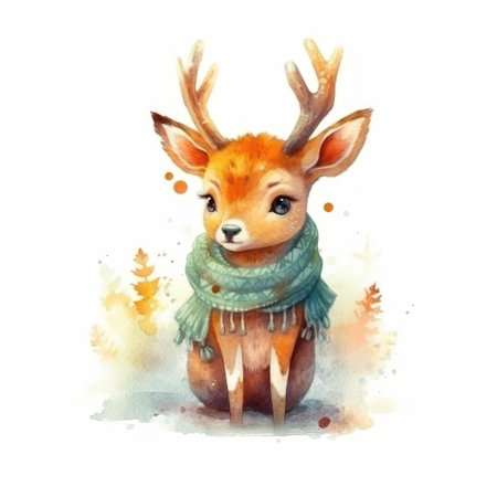 Watercolor illustration of a cute little deer in a scarf and scarf.の素材