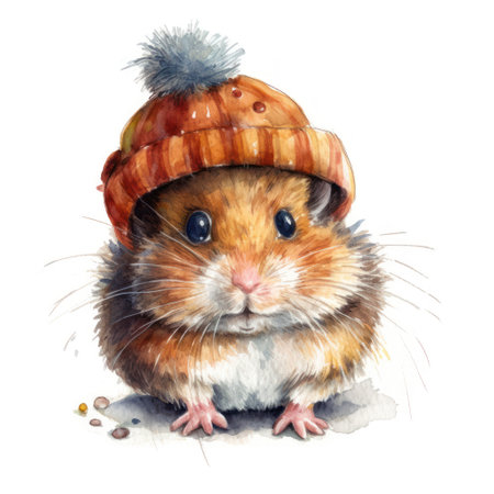 Cute hamster in a winter hat. watercolor illustration.の素材