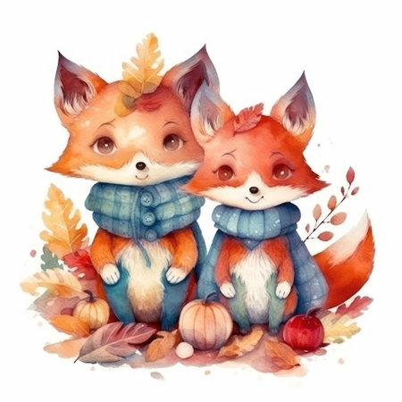 Cute fox family with autumn leaves. hand drawn watercolor illustrationの素材